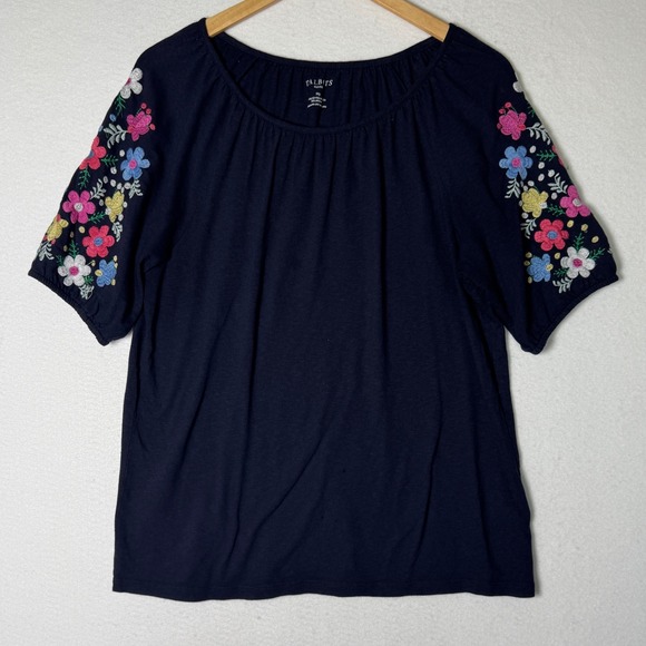 Talbots Tops - Talbots Petite Embroidered Floral Navy Blue Cotton Modal Short Sleeve Top MP